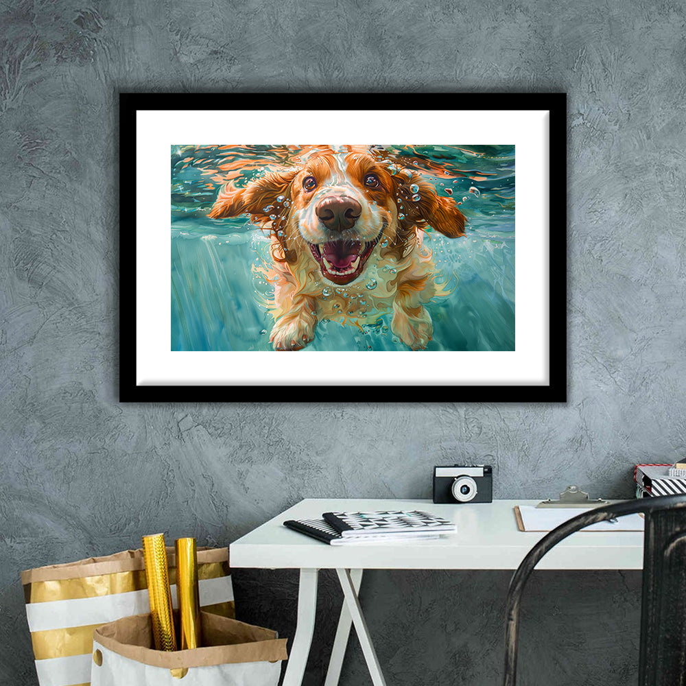 Funny Basset Hound Dog Underwater Watercolor, Funny Pet Art V1, Framed Art Print White Border Wall Decor