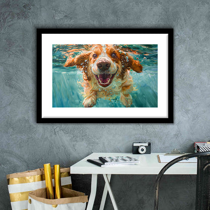 Funny Basset Hound Dog Underwater Watercolor, Funny Pet Art V1, Framed Art Print White Border Wall Decor