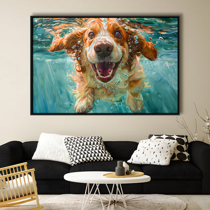Funny Basset Hound Dog Underwater Watercolor, Funny Pet Art V1, Floating Framed Canvas Print Wall Art