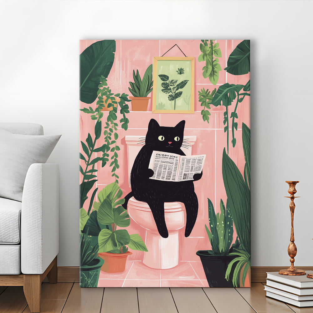 Funny Bathroom, Cat Reading Newspaper Print, Toilet Wall Art Print, Bathroom Decor Wall Art, Canvas Print, Canvas Decor