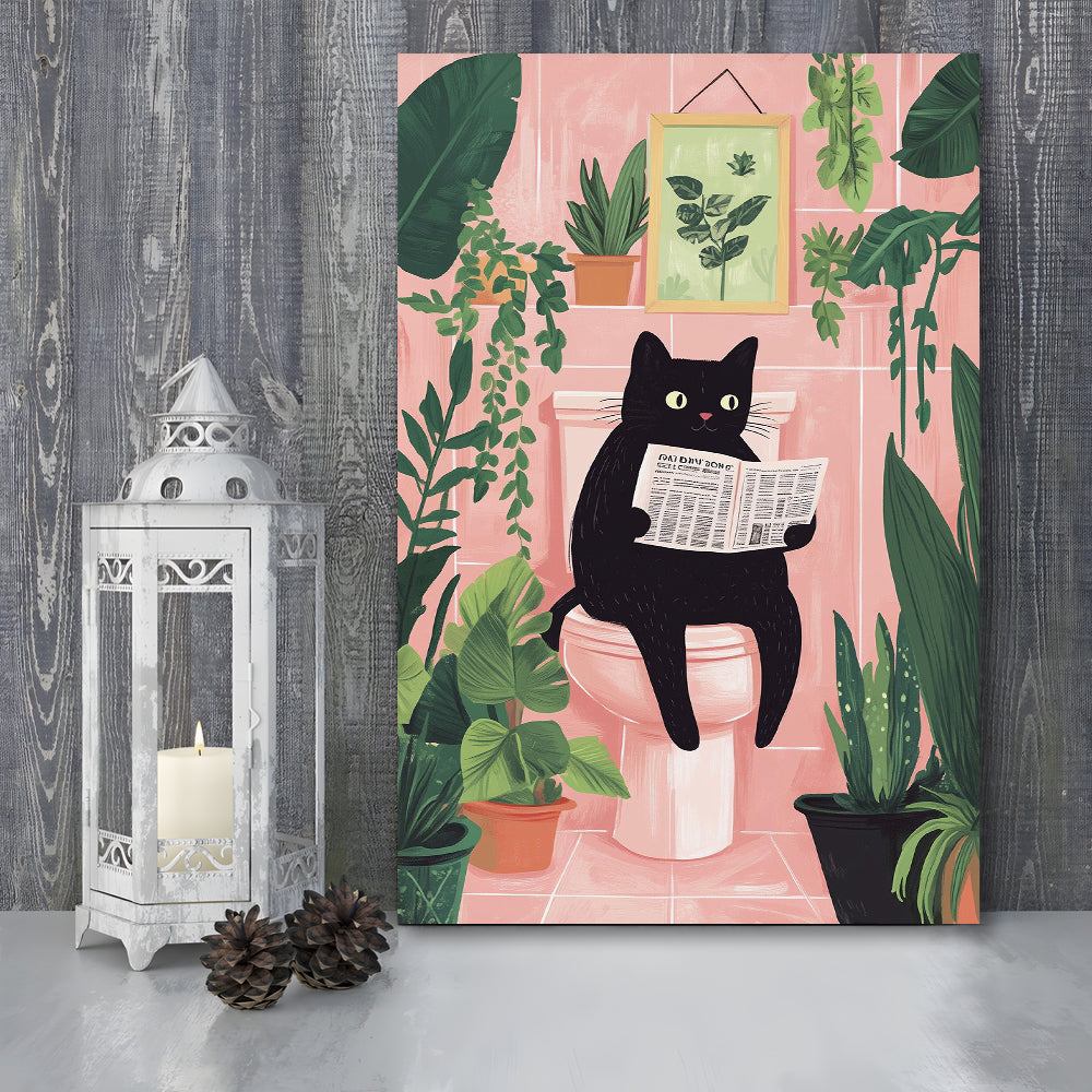Funny Bathroom, Cat Reading Newspaper Print, Toilet Wall Art Print, Bathroom Decor Wall Art, Canvas Print, Canvas Decor