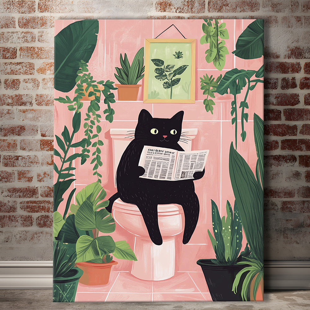 Funny Bathroom, Cat Reading Newspaper Print, Toilet Wall Art Print, Bathroom Decor Wall Art, Canvas Print, Canvas Decor