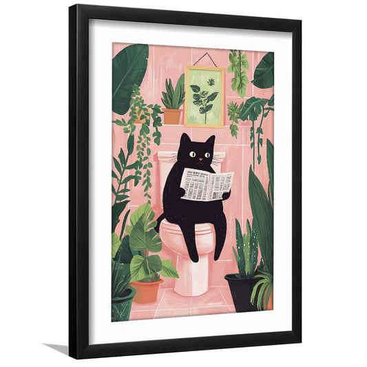Funny Bathroom, Cat Reading Newspaper Print, Toilet Wall Art Print, Bathroom Decor Wall Art, Framed Art Print, White Border