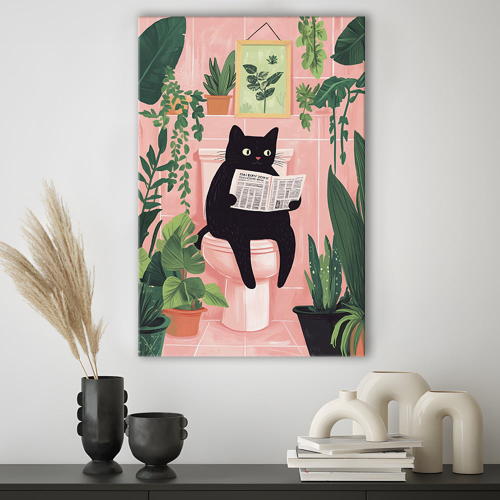 Funny Bathroom, Cat Reading Newspaper Print, Toilet Wall Art Print, Bathroom Decor Wall Art, Canvas Print, Canvas Decor