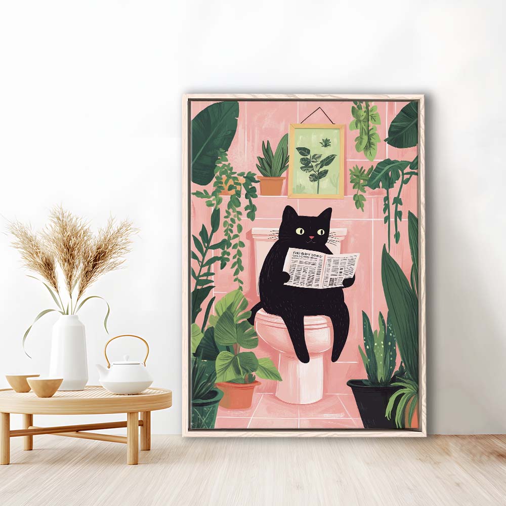 Funny Bathroom, Cat Reading Newspaper Print, Toilet Wall Art Print, Bathroom Decor Wall Art, Framed Canvas Print, Floating Frame
