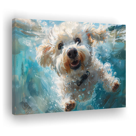 Funny Bichon Frise Dog Swimming Underwater Watercolor, Funny Pet Art, Canvas Print Wall Art Home Decor