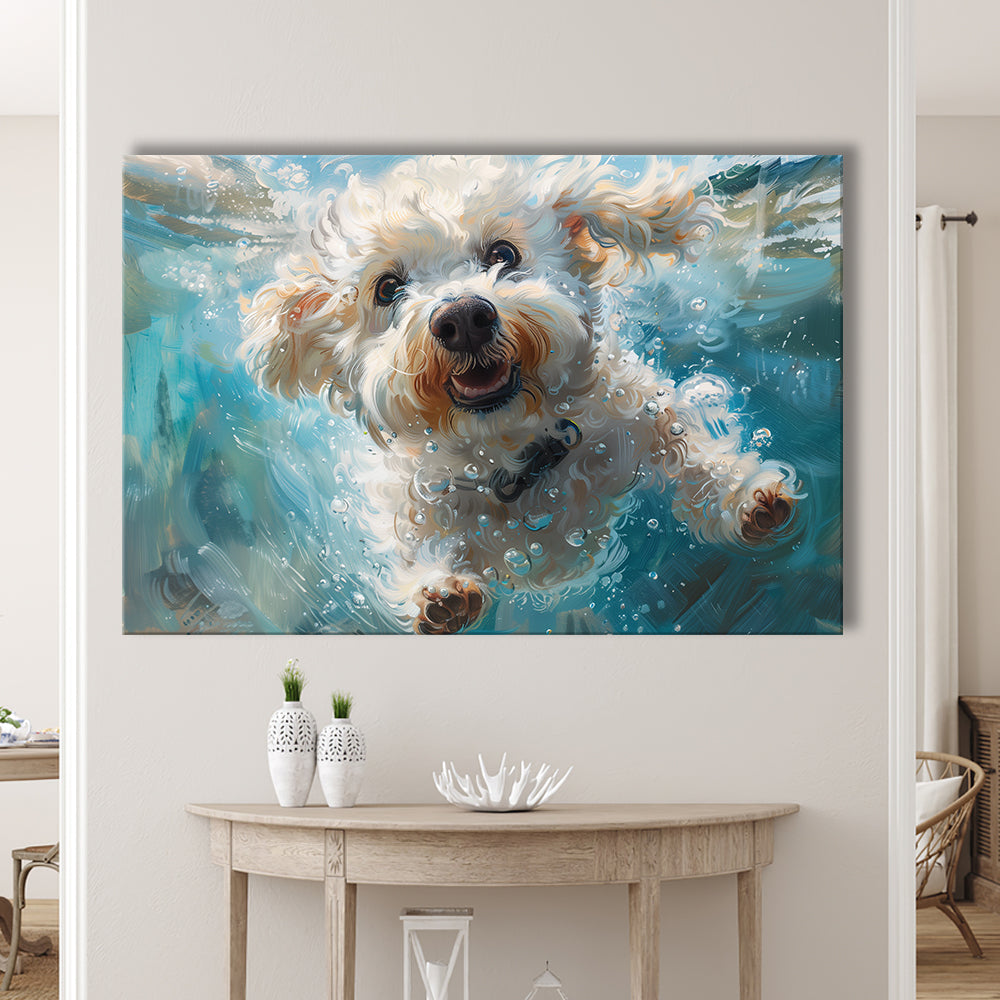 Funny Bichon Frise Dog Swimming Underwater Watercolor, Funny Pet Art, Canvas Print Wall Art Home Decor