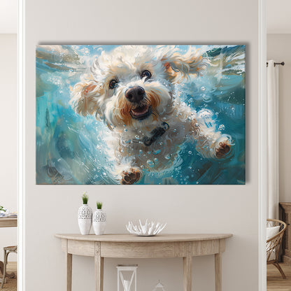 Funny Bichon Frise Dog Swimming Underwater Watercolor, Funny Pet Art, Canvas Print Wall Art Home Decor