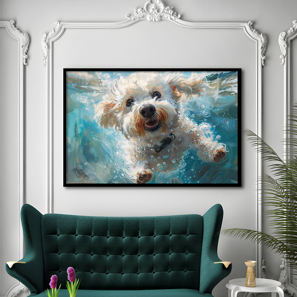 Funny Bichon Frise Dog Swimming Underwater Watercolor, Funny Pet Art, Framed Art Print Wall Decor, Framed Picture