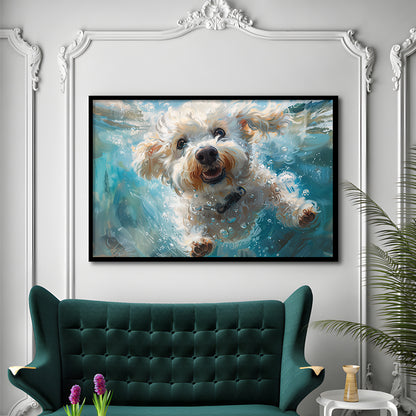 Funny Bichon Frise Dog Swimming Underwater Watercolor, Funny Pet Art, Framed Art Print Wall Decor, Framed Picture