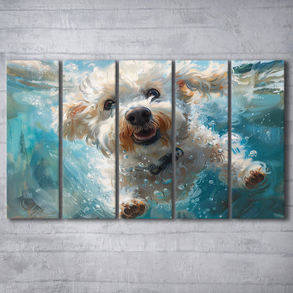 Funny Bichon Frise Dog Swimming Underwater Watercolor, Funny Pet Art, Multi Panels Canvas Print Wall Art