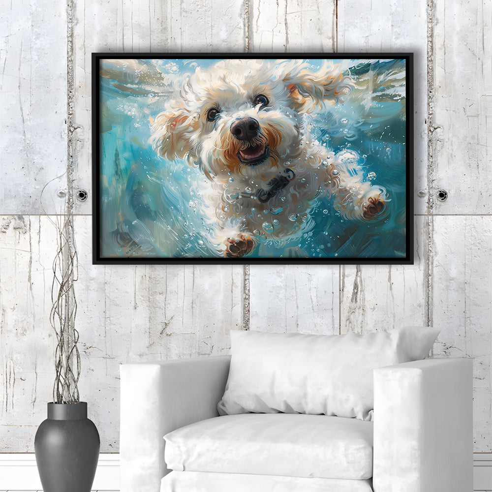 Funny Bichon Frise Dog Swimming Underwater Watercolor, Funny Pet Art, Floating Framed Canvas Print Wall Art