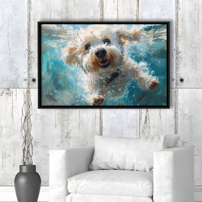 Funny Bichon Frise Dog Swimming Underwater Watercolor, Funny Pet Art, Floating Framed Canvas Print Wall Art