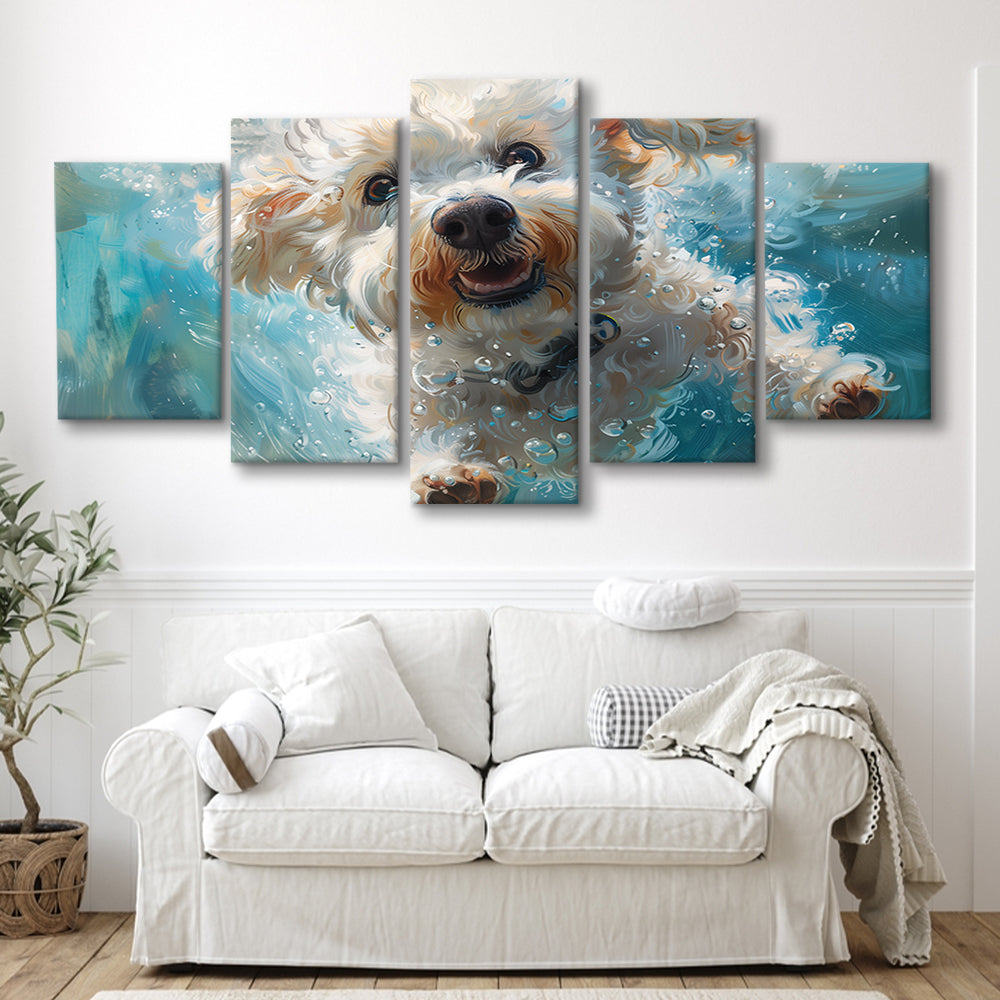 Funny Bichon Frise Dog Swimming Underwater Watercolor, Funny Pet Art, Mixed Panels Canvas Print Wall Art