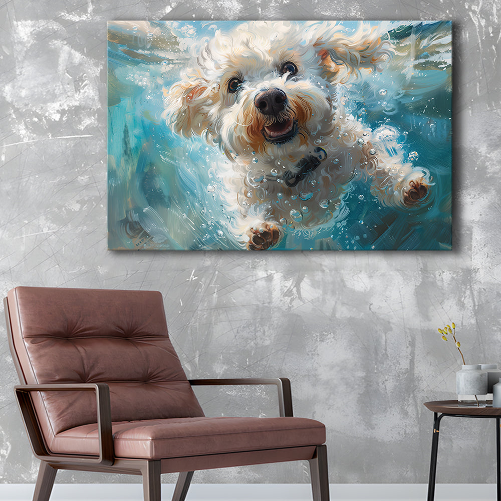 Funny Bichon Frise Dog Swimming Underwater Watercolor, Funny Pet Art, Canvas Print Wall Art Home Decor