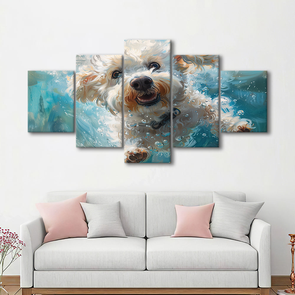 Funny Bichon Frise Dog Swimming Underwater Watercolor, Funny Pet Art, Mixed Panels Canvas Print Wall Art