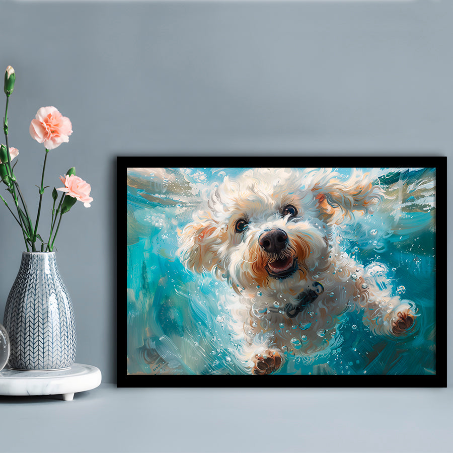 Funny Bichon Frise Dog Swimming Underwater Watercolor, Funny Pet Art, Framed Art Print Wall Decor, Framed Picture