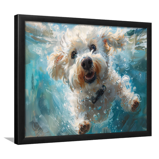 Funny Bichon Frise Dog Swimming Underwater Watercolor, Funny Pet Art, Framed Art Print Wall Decor, Framed Picture