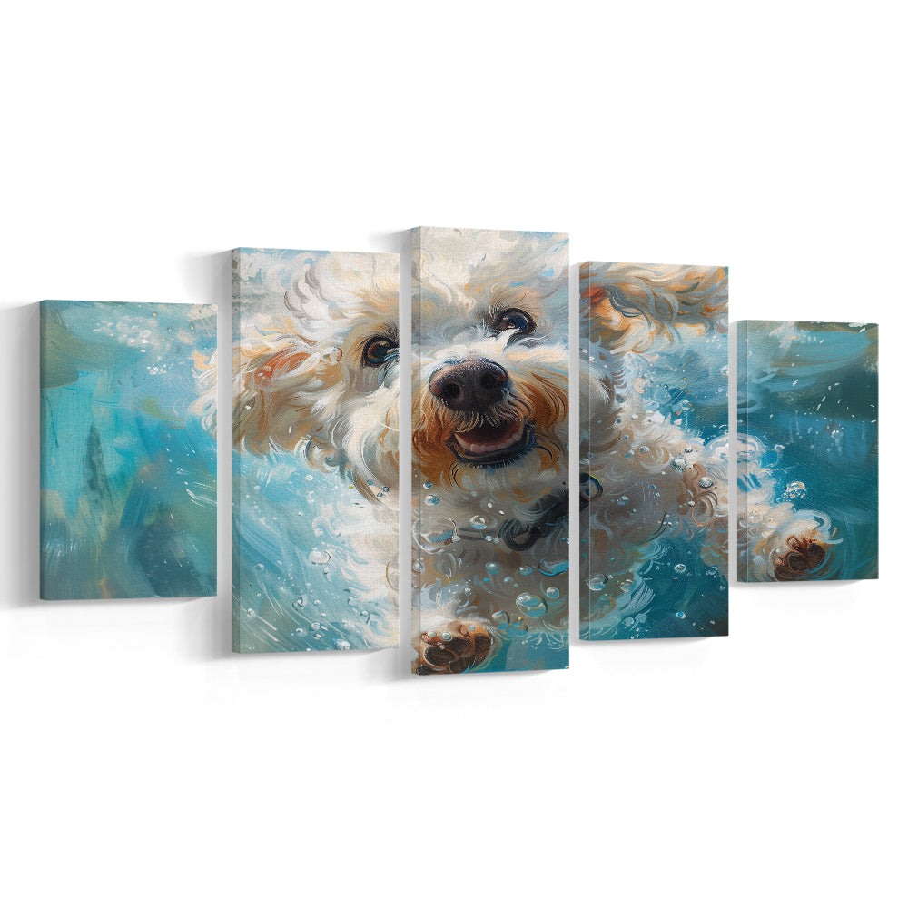 Funny Bichon Frise Dog Swimming Underwater Watercolor, Funny Pet Art, Mixed Panels Canvas Print Wall Art