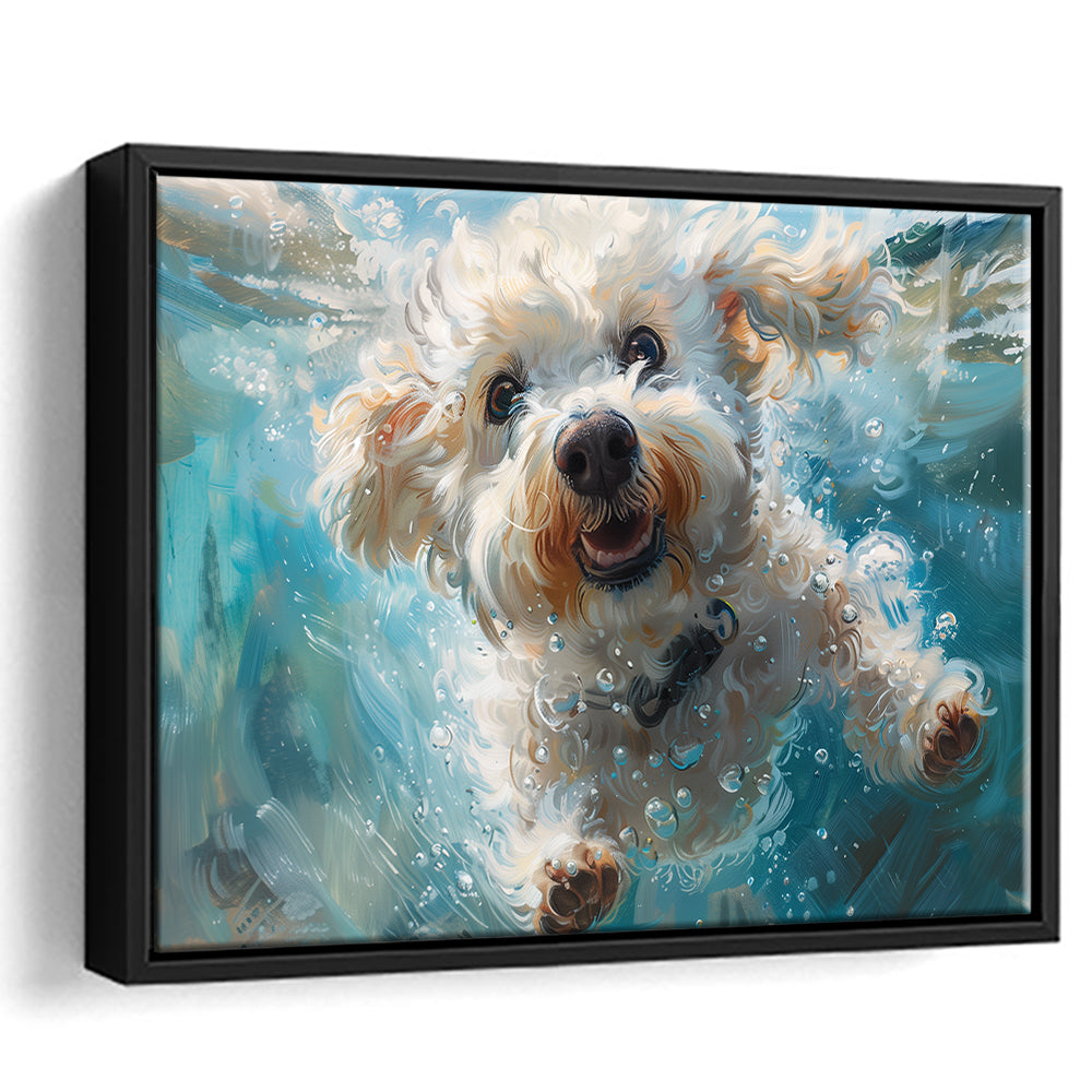 Funny Bichon Frise Dog Swimming Underwater Watercolor, Funny Pet Art, Floating Framed Canvas Print Wall Art