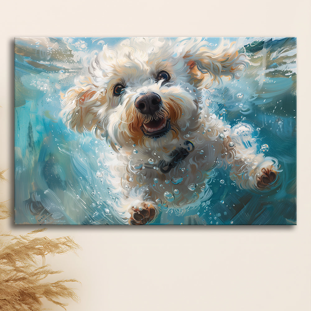 Funny Bichon Frise Dog Swimming Underwater Watercolor, Funny Pet Art, Canvas Print Wall Art Home Decor