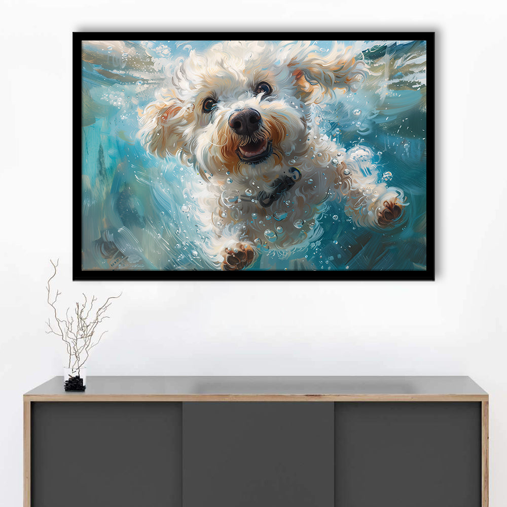 Funny Bichon Frise Dog Swimming Underwater Watercolor, Funny Pet Art, Framed Art Print Wall Decor, Framed Picture
