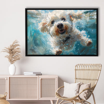 Funny Bichon Frise Dog Swimming Underwater Watercolor, Funny Pet Art, Floating Framed Canvas Print Wall Art