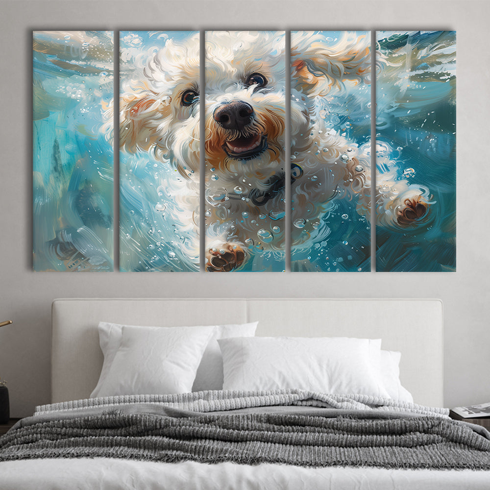 Funny Bichon Frise Dog Swimming Underwater Watercolor, Funny Pet Art, Multi Panels Canvas Print Wall Art