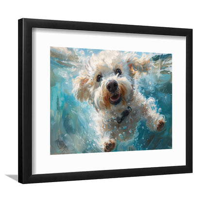 Funny Bichon Frise Dog Swimming Underwater Watercolor, Funny Pet Art, Framed Art Print White Border Wall Decor
