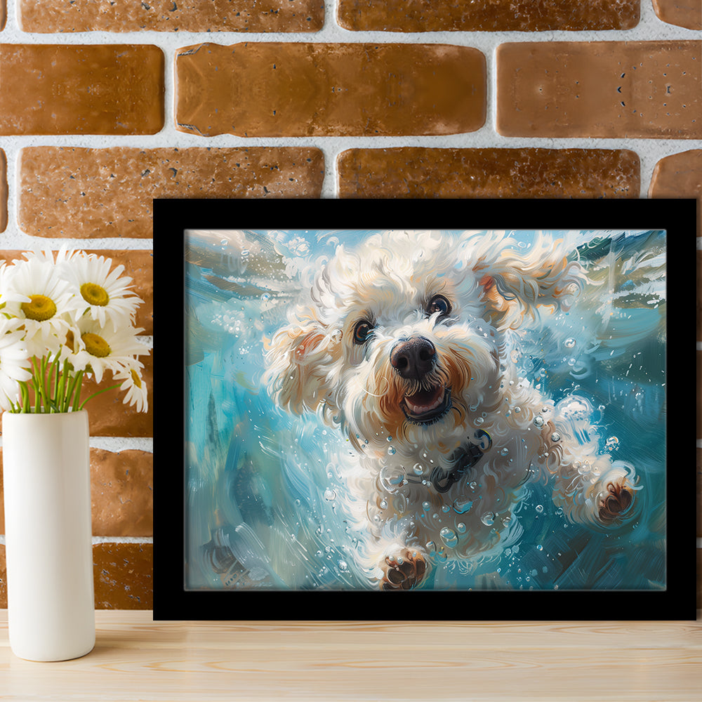 Funny Bichon Frise Dog Swimming Underwater Watercolor, Funny Pet Art, Framed Art Print Wall Decor, Framed Picture