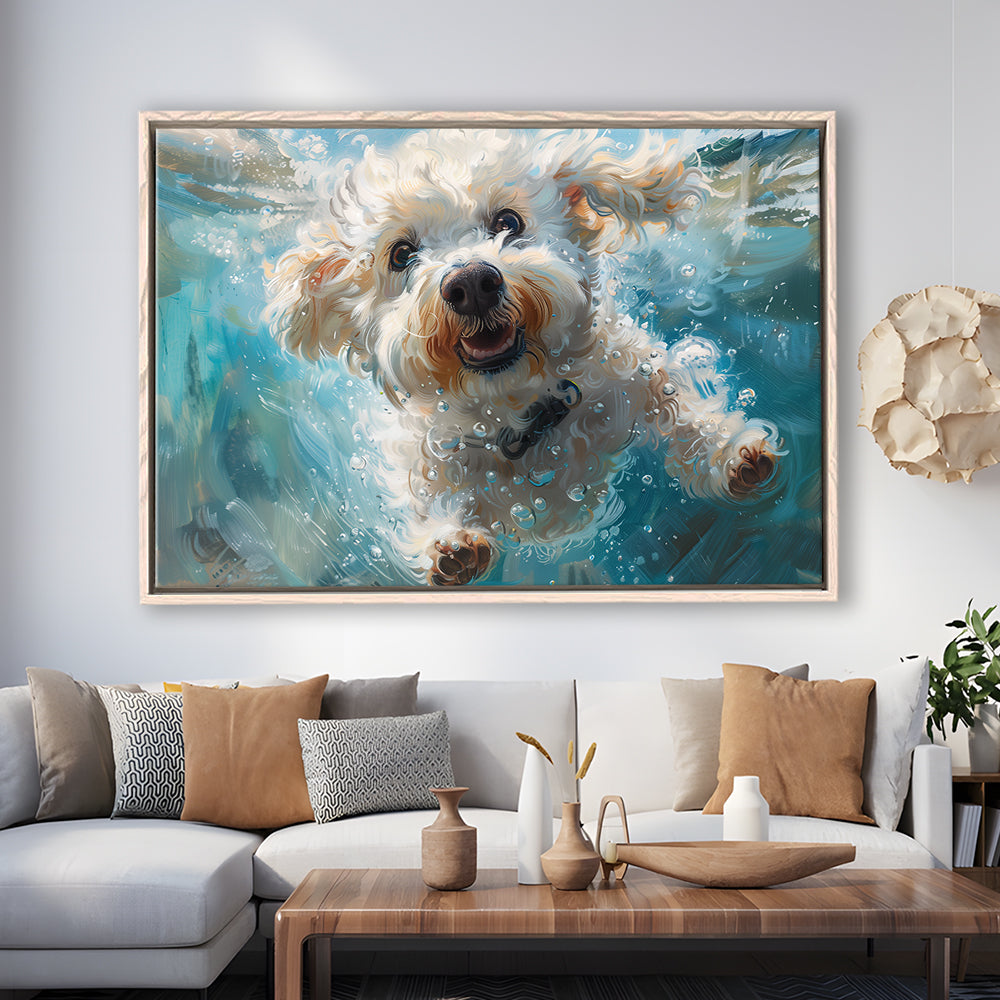 Funny Bichon Frise Dog Swimming Underwater Watercolor, Funny Pet Art, Floating Framed Canvas Print Wall Art