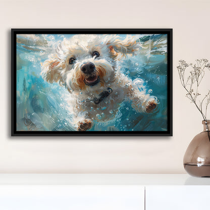 Funny Bichon Frise Dog Swimming Underwater Watercolor, Funny Pet Art, Floating Framed Canvas Print Wall Art
