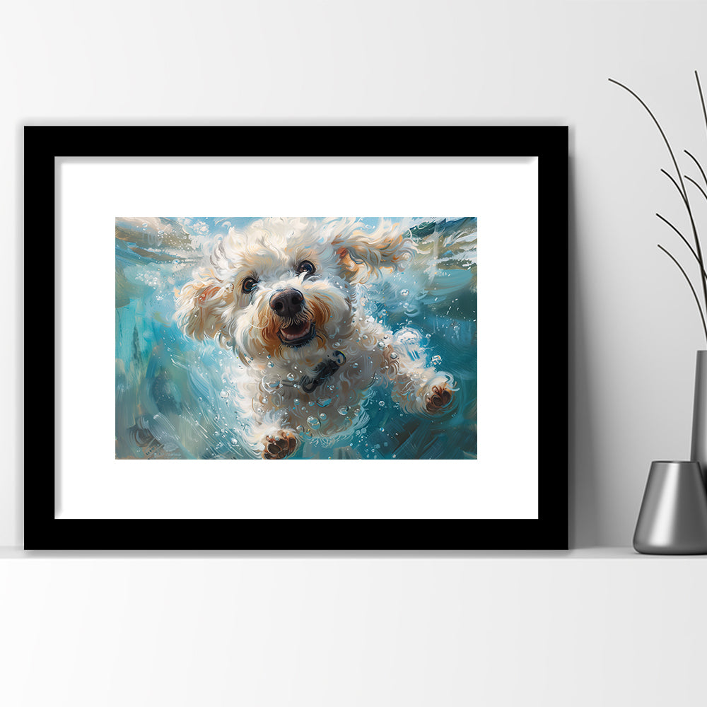 Funny Bichon Frise Dog Swimming Underwater Watercolor, Funny Pet Art, Framed Art Print White Border Wall Decor