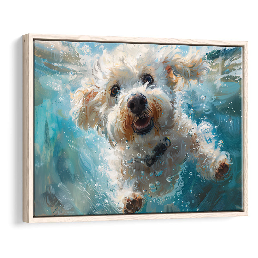 Funny Bichon Frise Dog Swimming Underwater Watercolor, Funny Pet Art, Floating Framed Canvas Print Wall Art