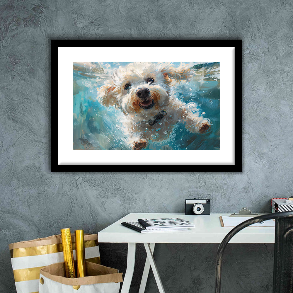 Funny Bichon Frise Dog Swimming Underwater Watercolor, Funny Pet Art, Framed Art Print White Border Wall Decor