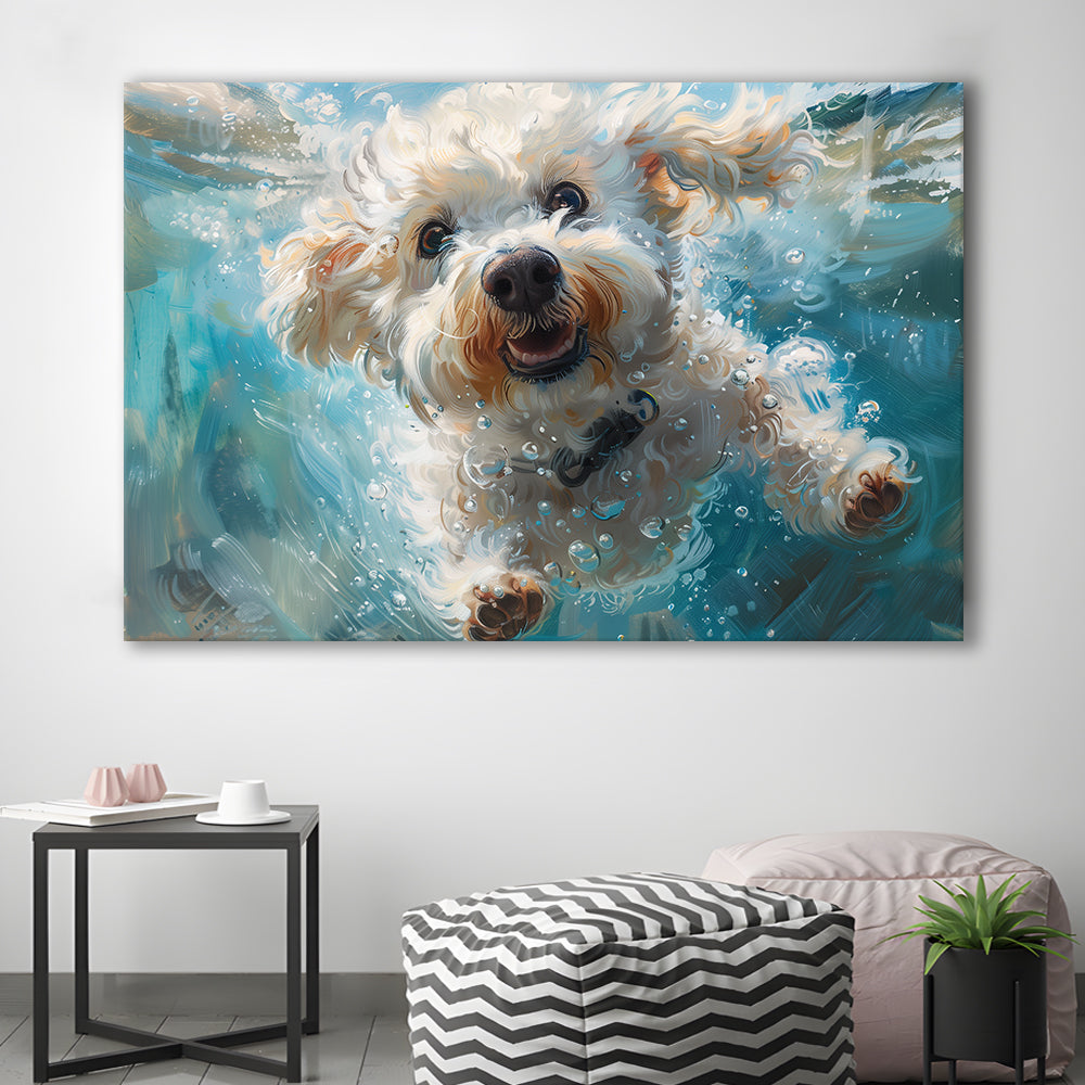Funny Bichon Frise Dog Swimming Underwater Watercolor, Funny Pet Art, Canvas Print Wall Art Home Decor