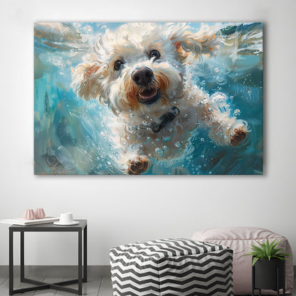 Funny Bichon Frise Dog Swimming Underwater Watercolor, Funny Pet Art, Canvas Print Wall Art Home Decor
