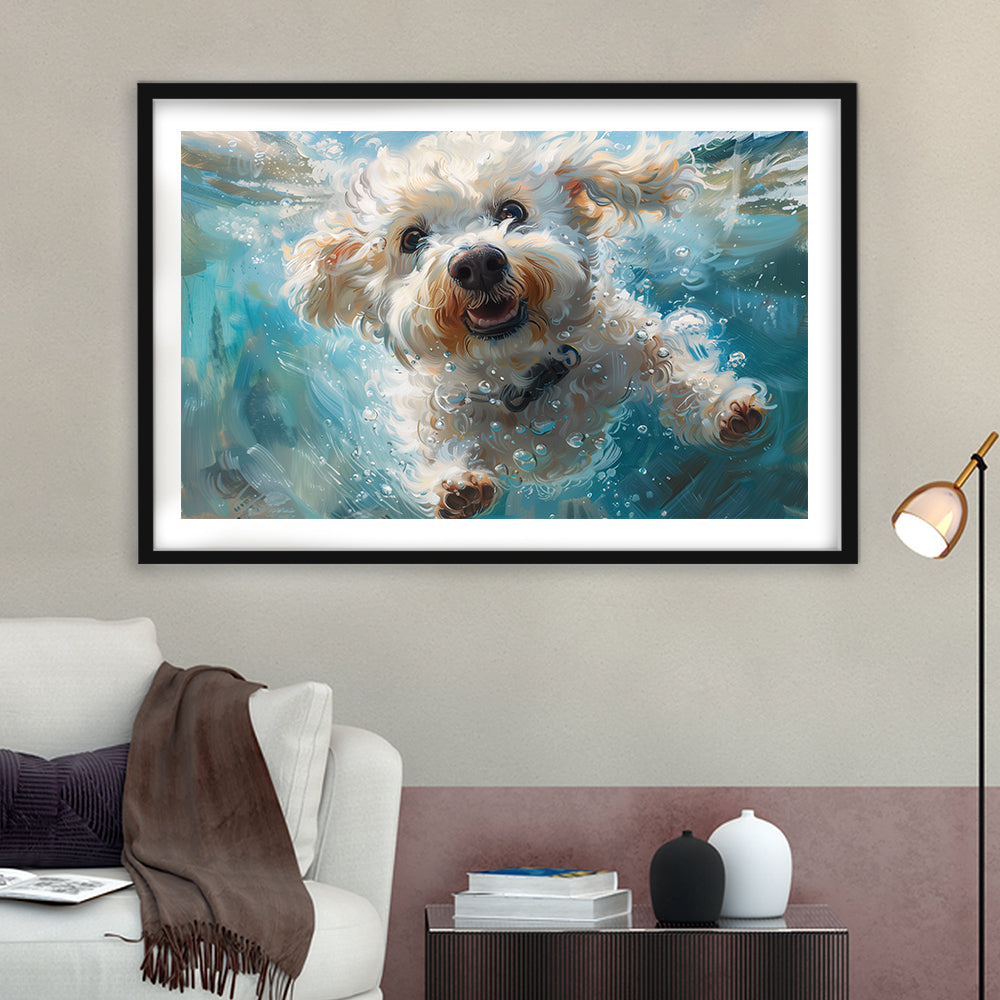 Funny Bichon Frise Dog Swimming Underwater Watercolor, Funny Pet Art, Framed Art Print White Border Wall Decor