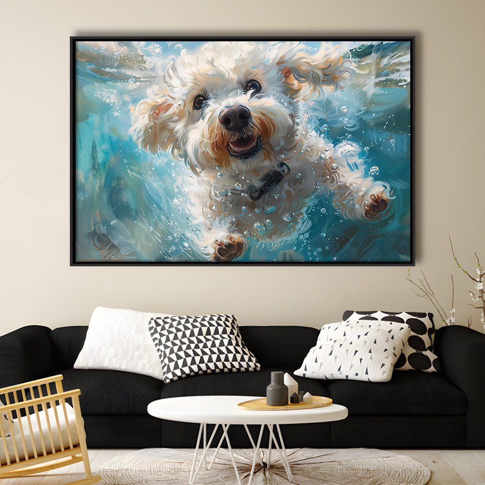 Funny Bichon Frise Dog Swimming Underwater Watercolor, Funny Pet Art, Floating Framed Canvas Print Wall Art