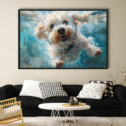 Funny Bichon Frise Dog Swimming Underwater Watercolor, Funny Pet Art, Floating Framed Canvas Print Wall Art