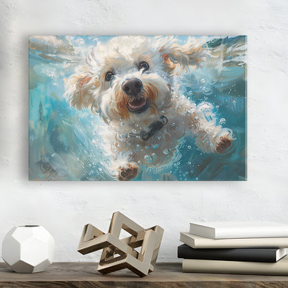 Funny Bichon Frise Dog Swimming Underwater Watercolor, Funny Pet Art, Canvas Print Wall Art Home Decor