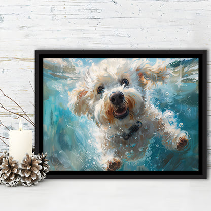 Funny Bichon Frise Dog Swimming Underwater Watercolor, Funny Pet Art, Floating Framed Canvas Print Wall Art