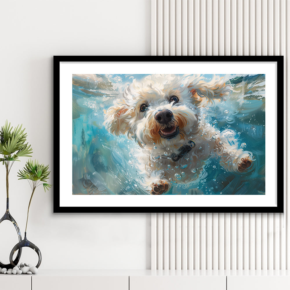 Funny Bichon Frise Dog Swimming Underwater Watercolor, Funny Pet Art, Framed Art Print White Border Wall Decor