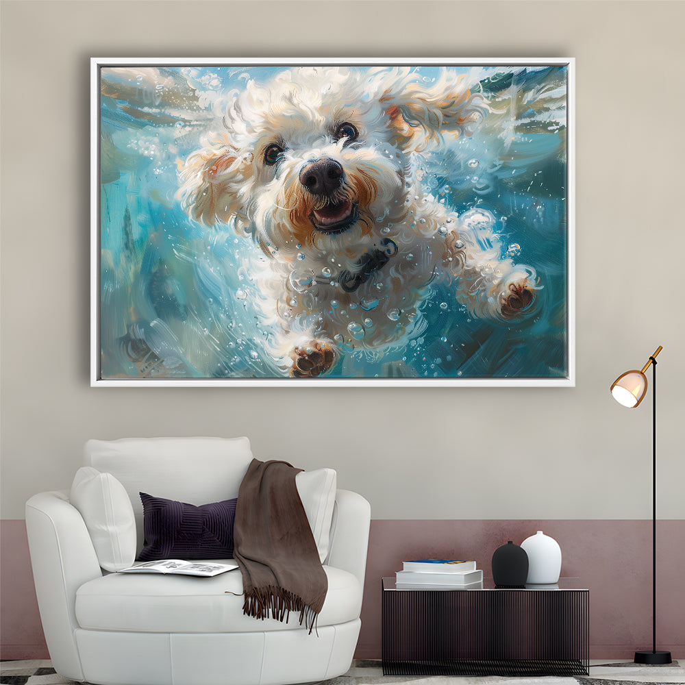 Funny Bichon Frise Dog Swimming Underwater Watercolor, Funny Pet Art, Floating Framed Canvas Print Wall Art
