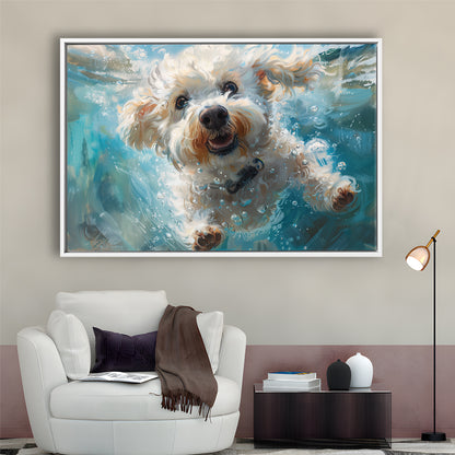 Funny Bichon Frise Dog Swimming Underwater Watercolor, Funny Pet Art, Floating Framed Canvas Print Wall Art