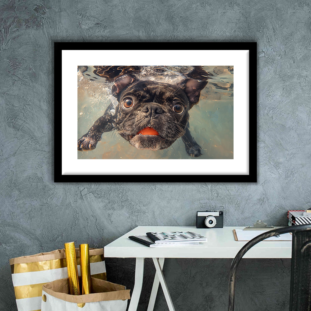 Funny Black Bulldog Underwater, Framed  Print, Painting Art, Framed Art Print White Border Wall Decor