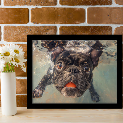 Funny Black Bulldog Underwater, Framed  Print, Painting Art, Framed Art Print Wall Decor, Framed Picture