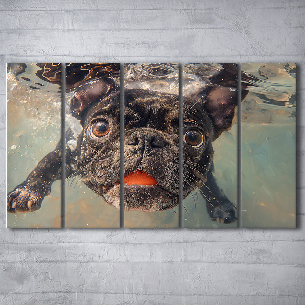 Funny Black Bulldog Underwater, Canvas Art Print, Painting Art, Multi Panels Canvas Print Wall Art