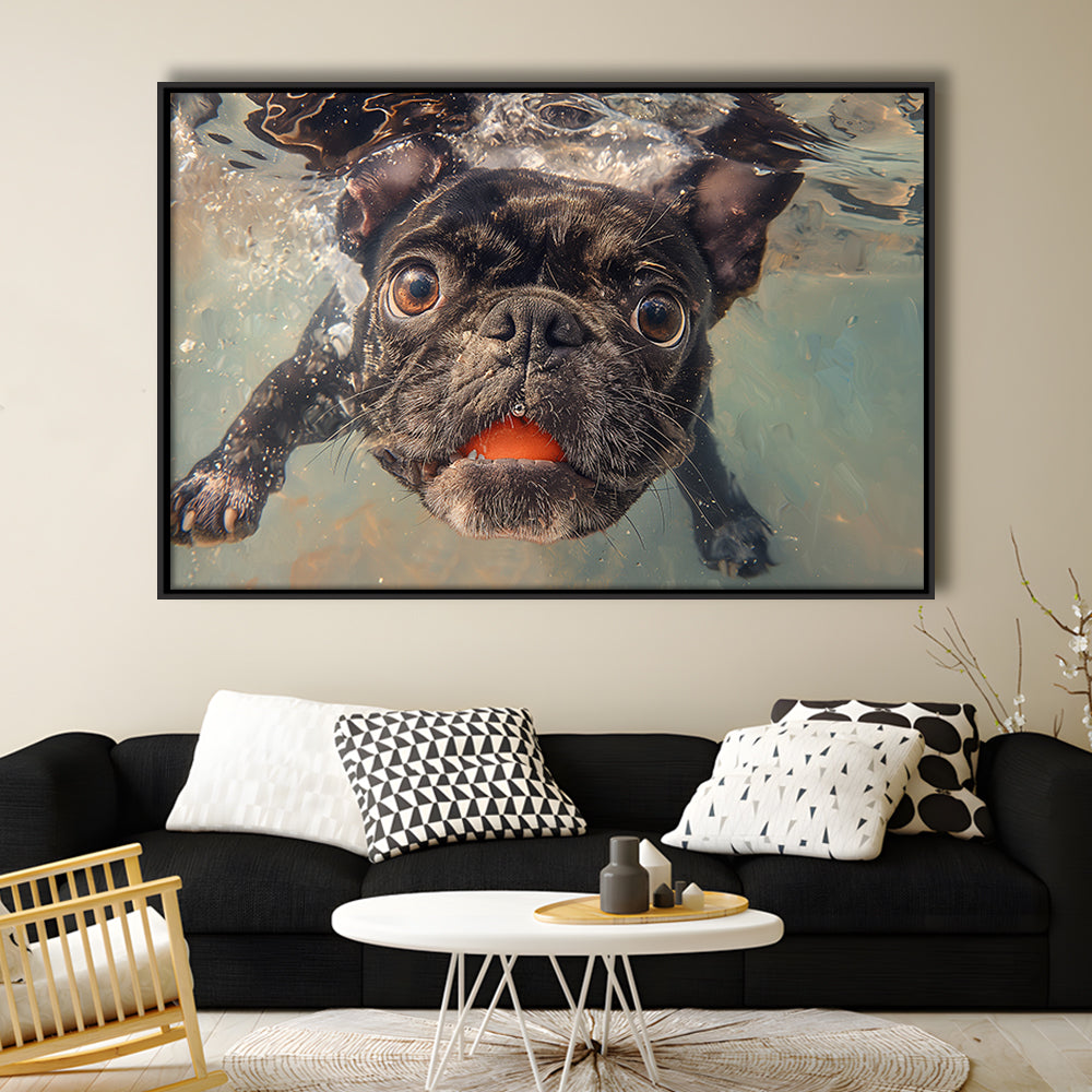 Funny Black Bulldog Underwater, Framed Canvas Print, Painting Art, Floating Framed Canvas Print Wall Art