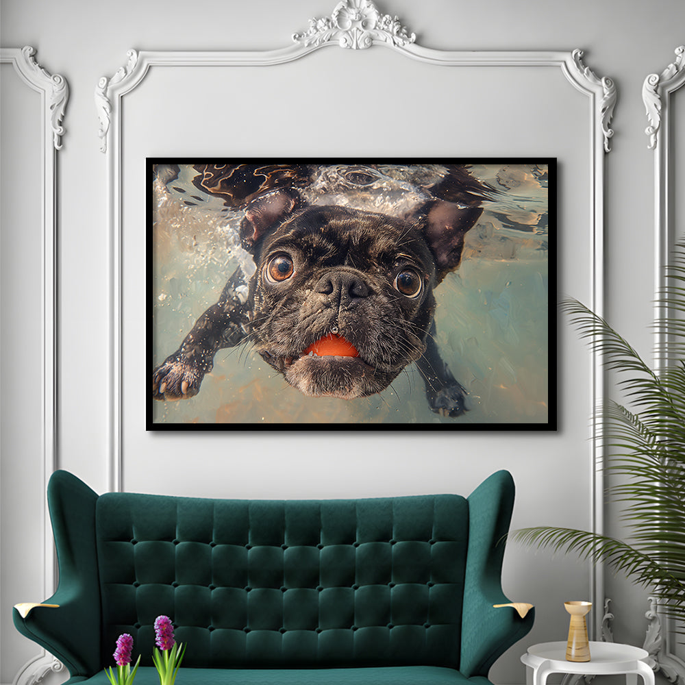 Funny Black Bulldog Underwater, Framed  Print, Painting Art, Framed Art Print Wall Decor, Framed Picture